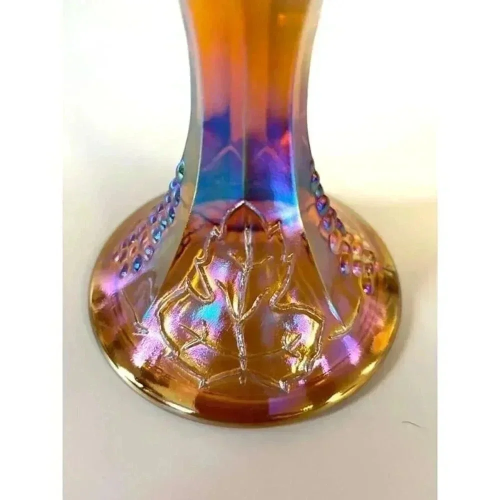 Vintage Amber Indiana Carnival Glass Iridescent Fruit Embellished Bowl